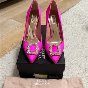 Badgley Mischka hot pink Cher Satin Heels with Crystal Buckle